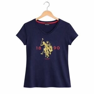 U.S. Polo Assn. Women’s V-Neck Tee Shirt Navy Blue Gold Logo Size XL 100% Cotton